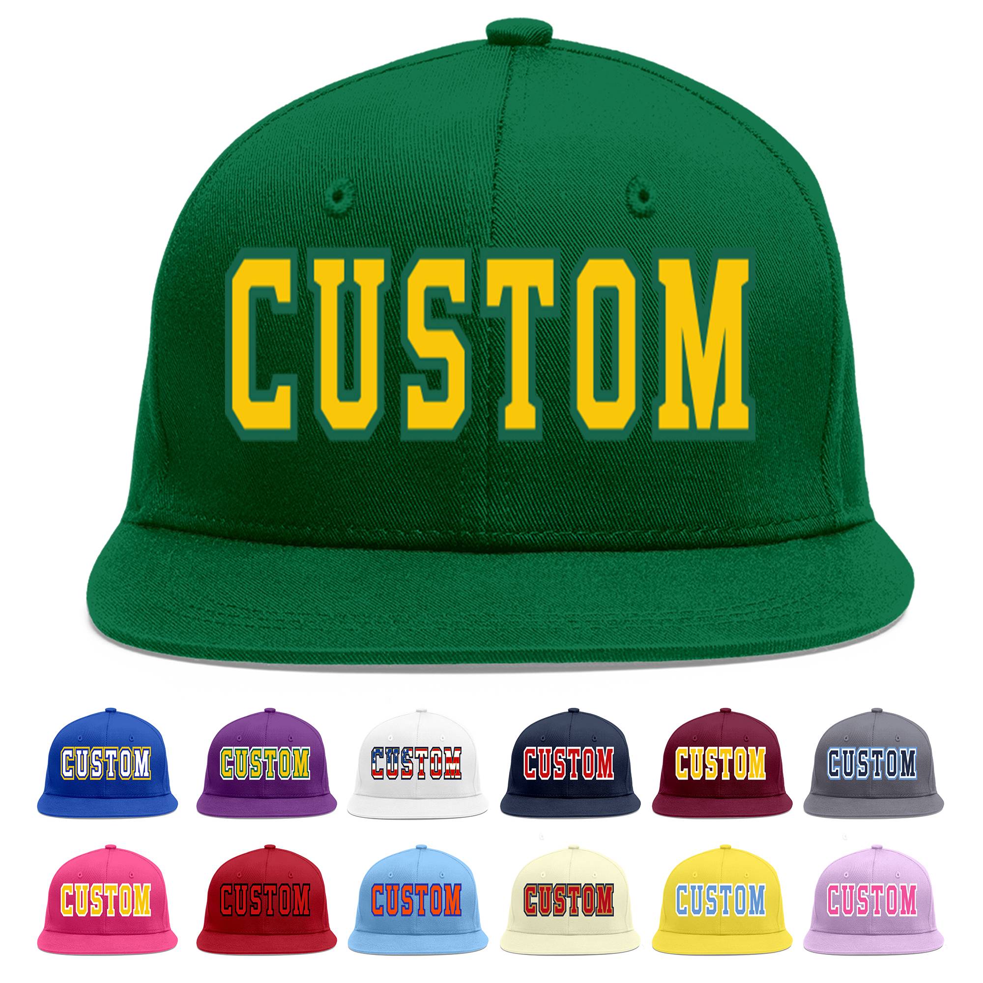 Custom Green Gold-Kelly Green Flat Eaves Sport Baseball Cap