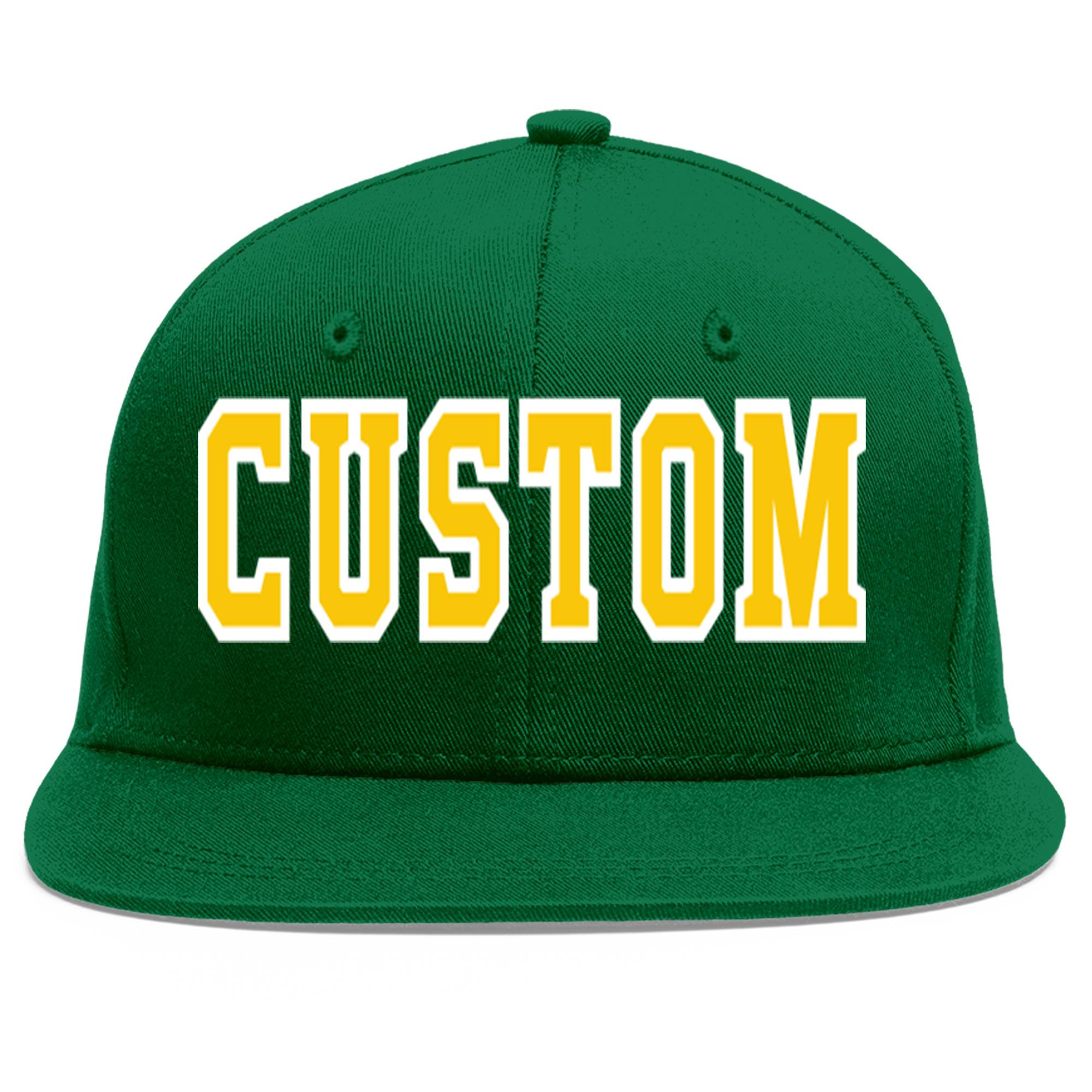 Casquette de baseball sport personnalisée vert or-blanc plat Eaves