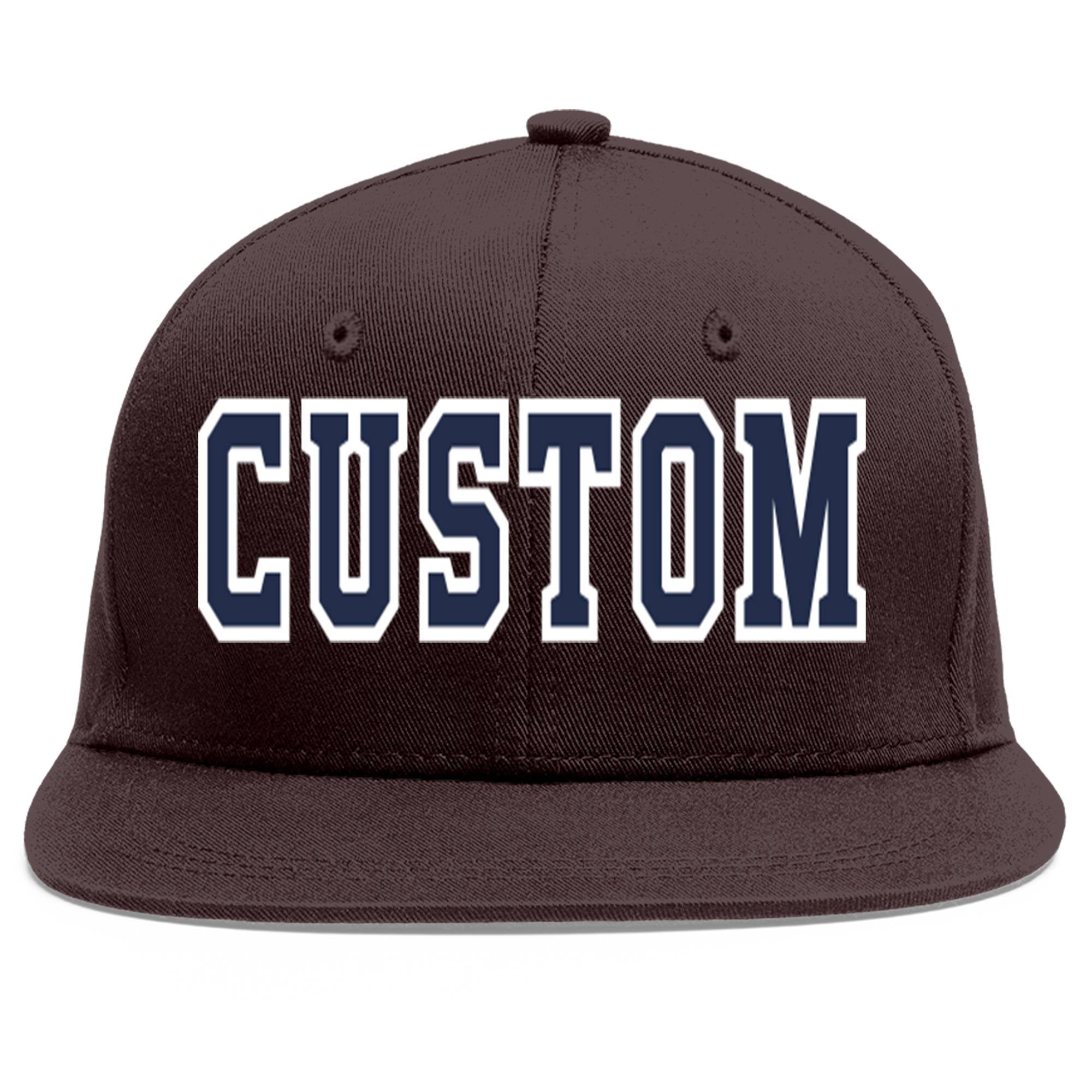 Custom Brown Navy-White Flat Eaves Sport Baseball Cap