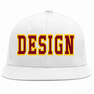 Custom White Crimson-Gold Flat Eaves Sport Baseball Cap Design for Men/Women/Youth