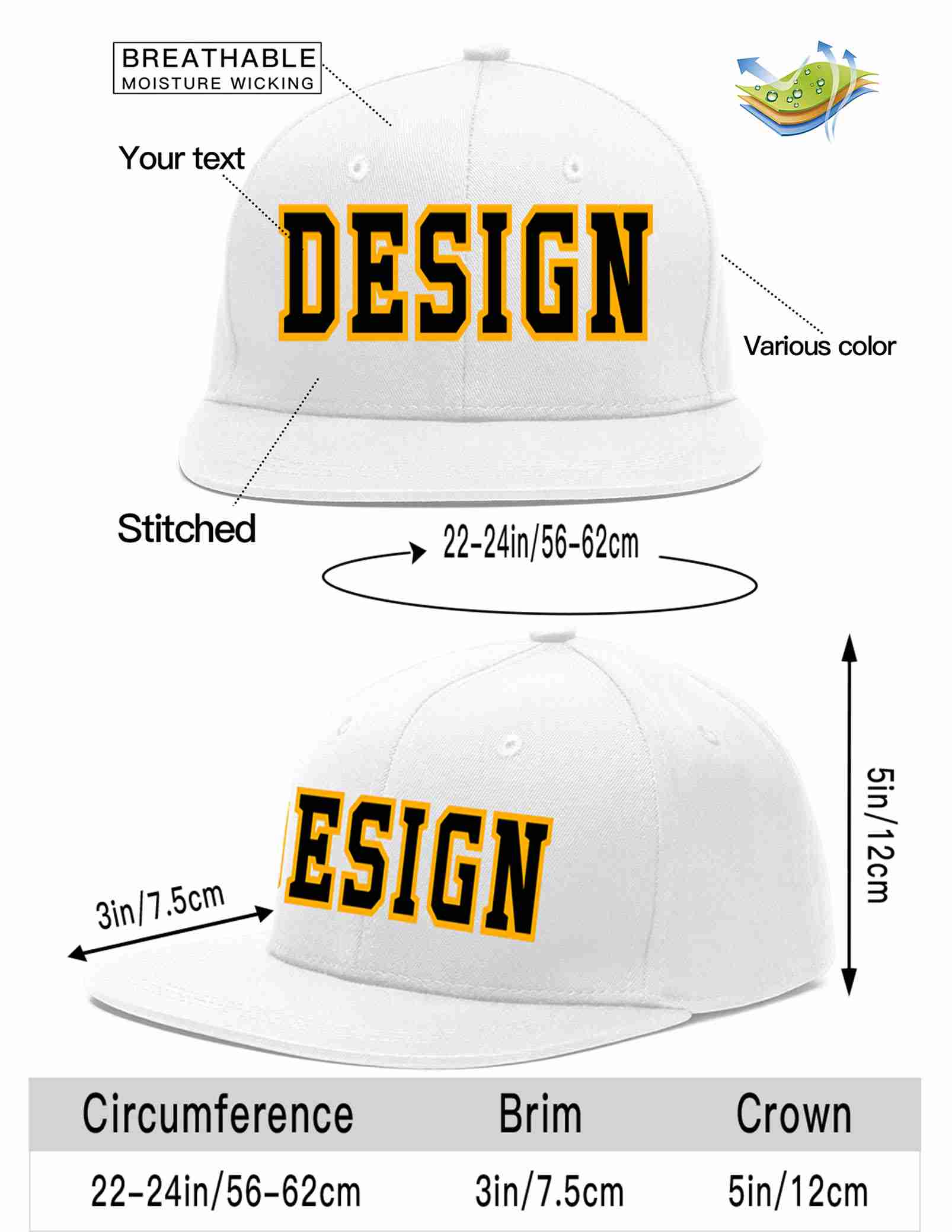 Custom White Black-Yellow Flat Eaves Sport Baseball Cap Design for Men/Women/Youth