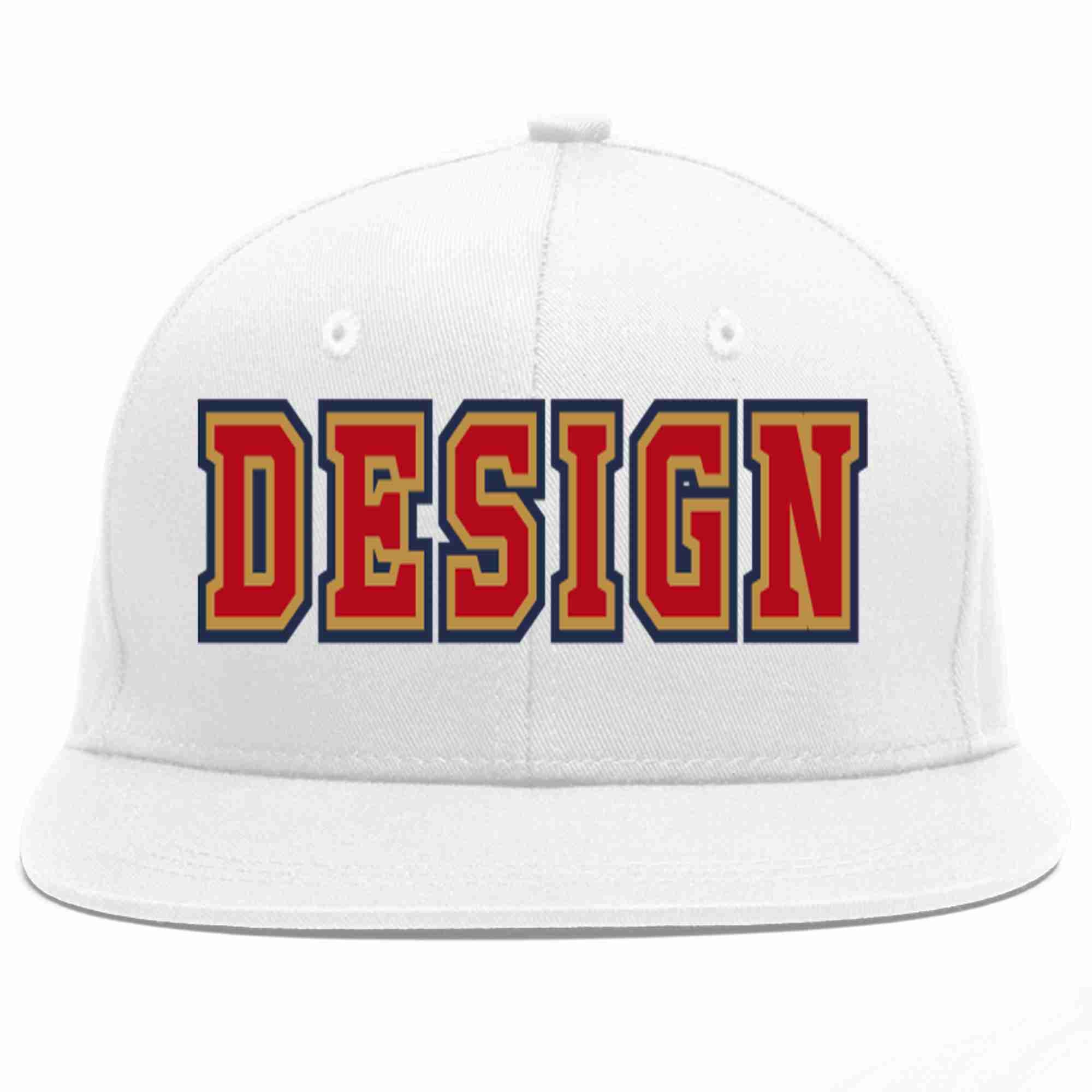 Custom White Red-Old Gold Flat Eaves Sport Baseball Cap Design for Men/Women/Youth