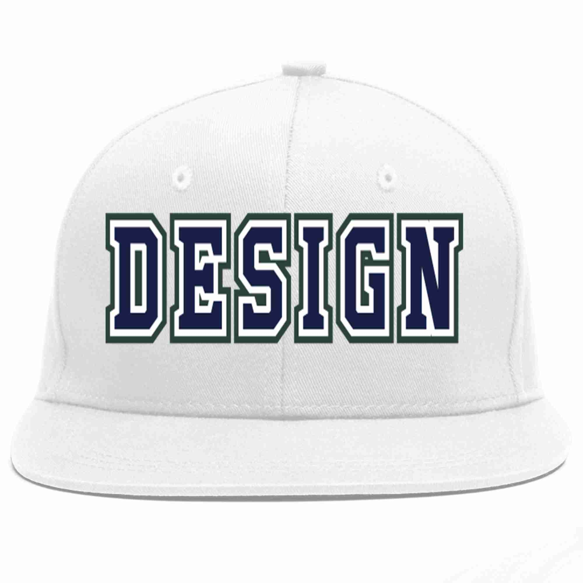 Custom White Navy-White Flat Eaves Sport Baseball Cap Design for Men/Women/Youth