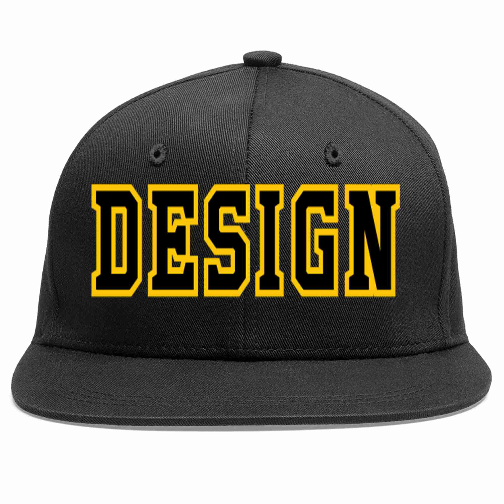 Custom Black Black-Gold Flat Eaves Sport Baseball Cap Design for Men/Women/Youth