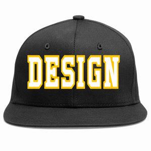 Custom Black White-Gold Flat Eaves Sport Baseball Cap Design for Men/Women/Youth