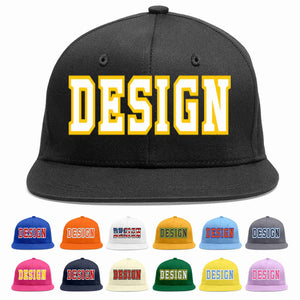 Custom Black White-Gold Flat Eaves Sport Baseball Cap Design for Men/Women/Youth