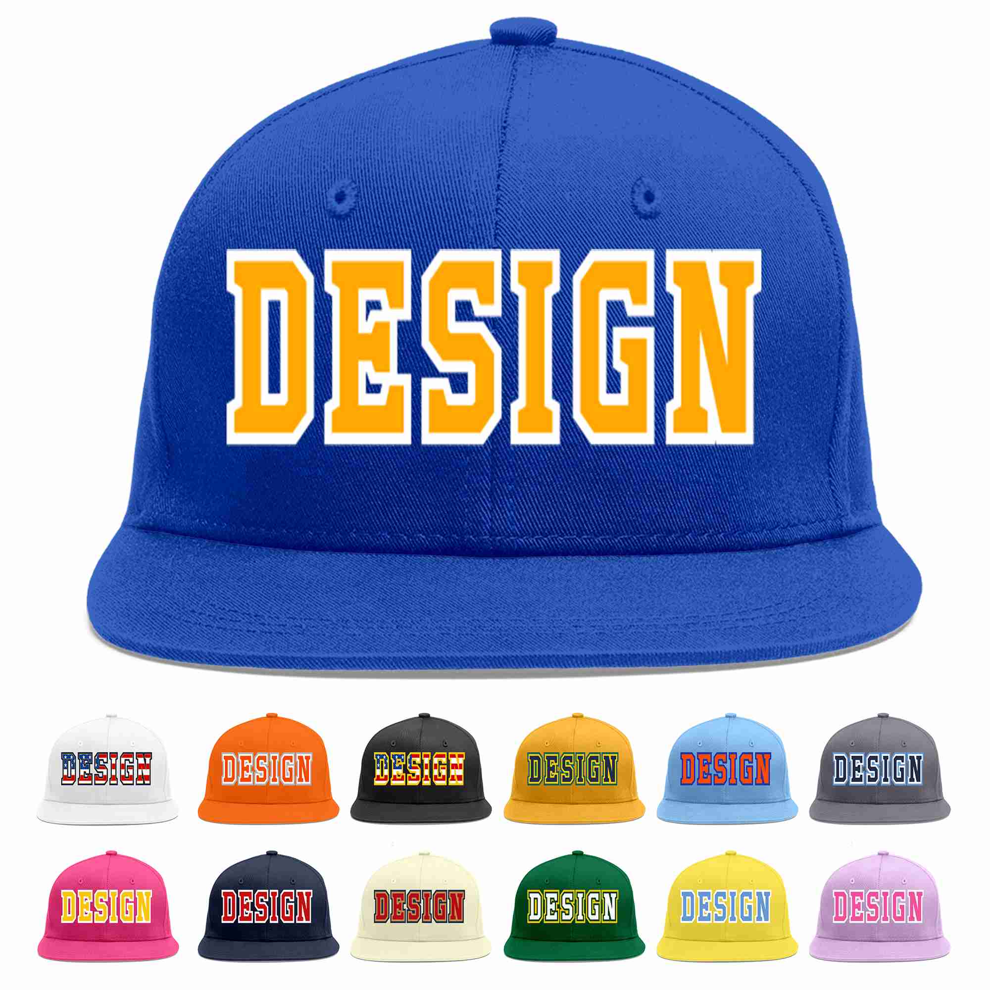 Custom Royal Yellow-White Flat Eaves Sport Baseball Cap Design for Men/Women/Youth