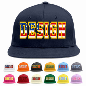 Custom Navy Vintage USA Flag-Gold Flat Eaves Sport Baseball Cap Design for Men/Women/Youth