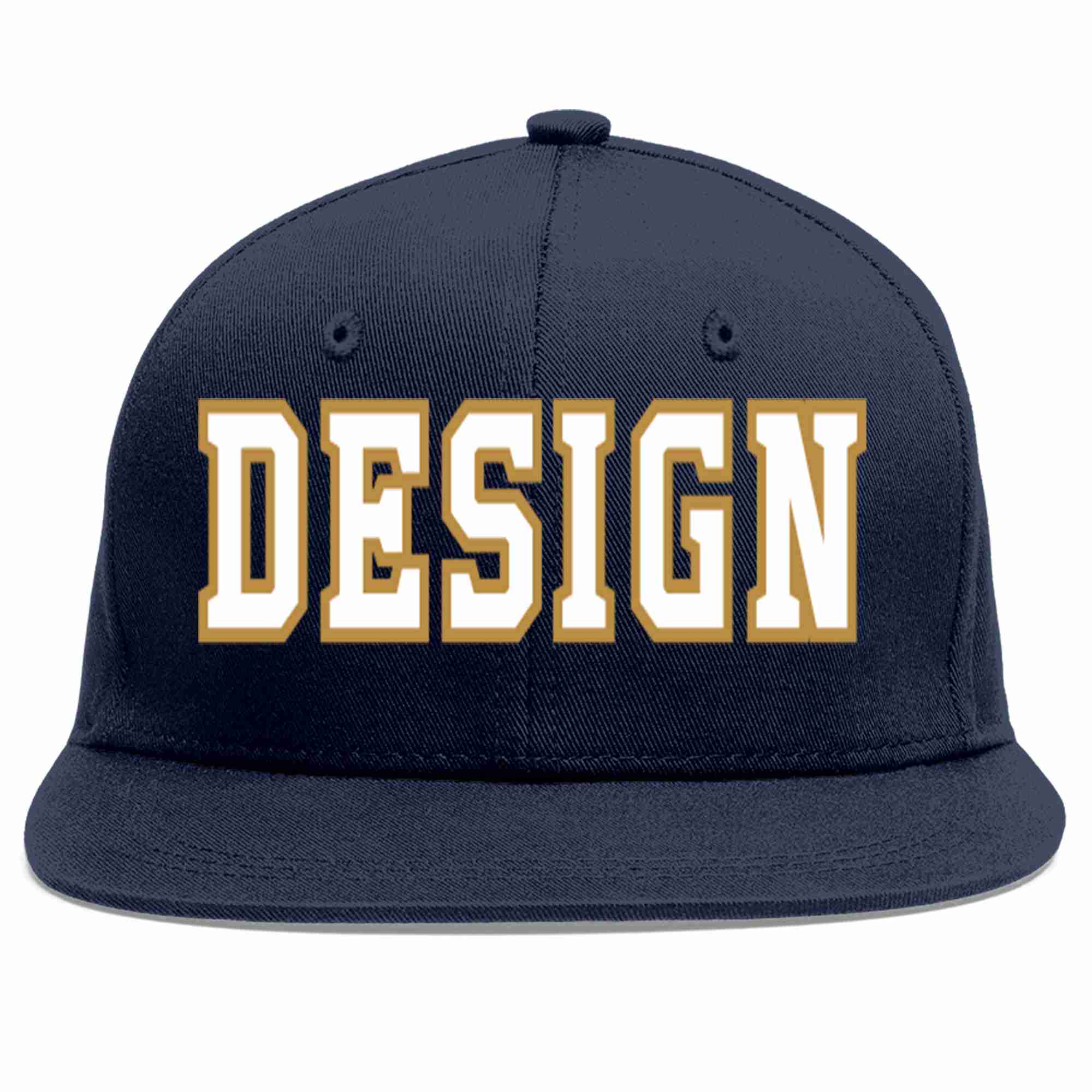 Custom Navy White-Old Gold Flat Eaves Sport Baseball Cap Design for Men/Women/Youth