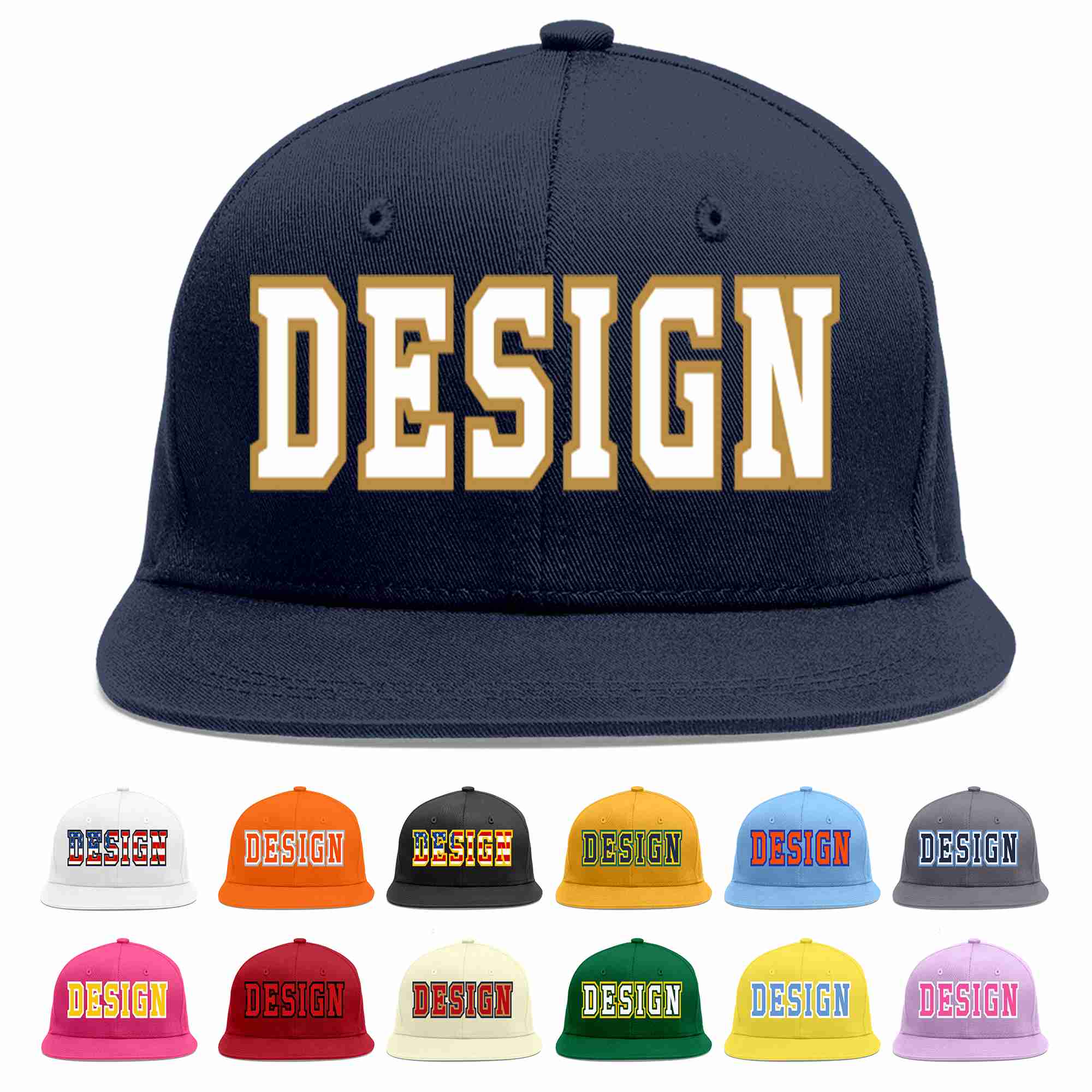 Custom Navy White-Old Gold Flat Eaves Sport Baseball Cap Design for Men/Women/Youth