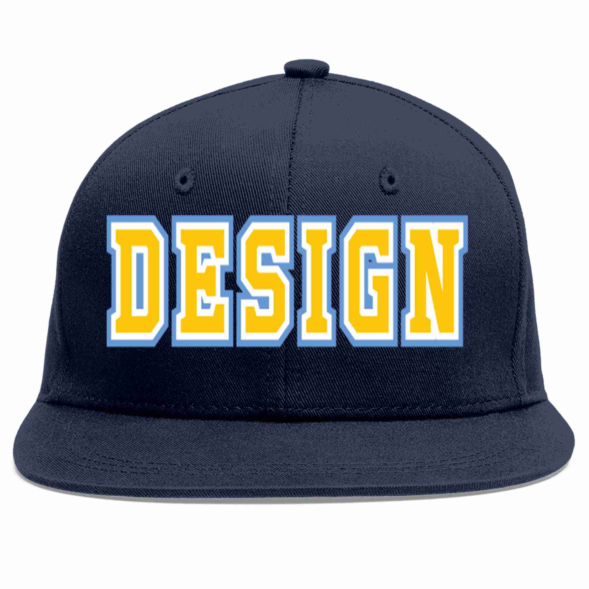 Conception personnalisée de casquette de baseball de sport à avant-toit plat bleu marine or-blanc pour hommes/femmes/jeunes