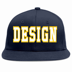 Custom Navy White-Gold Flat Eaves Sport Baseball Cap Design for Men/Women/Youth