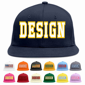 Custom Navy White-Gold Flat Eaves Sport Baseball Cap Design for Men/Women/Youth