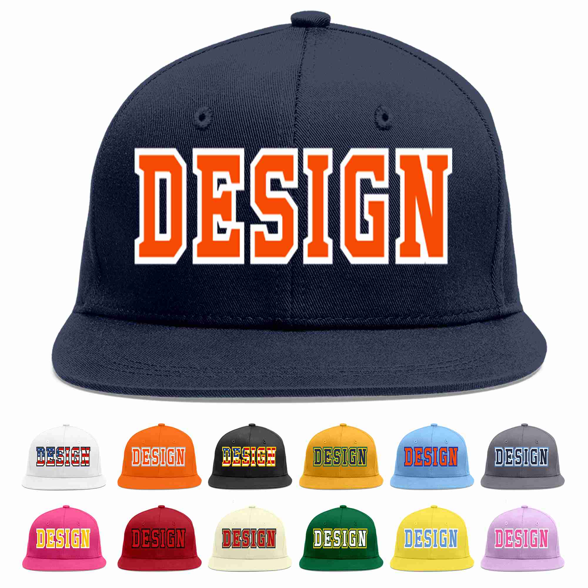 Custom Navy Orange-White Flat Eaves Sport Baseball Cap Design for Men/Women/Youth