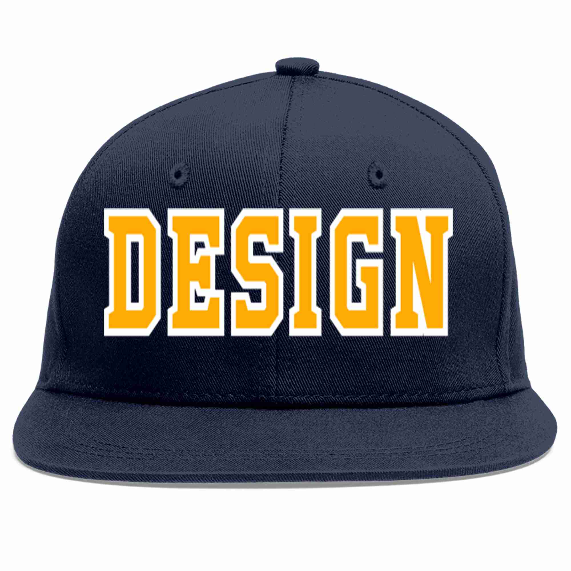 Conception personnalisée de casquette de baseball de sport à avant-toit plat jaune-blanc marine pour hommes/femmes/jeunes