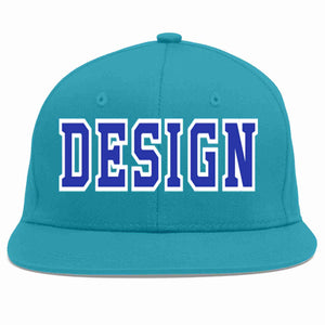 Custom Aqua Royal-White Flat Eaves Sport Baseball Cap Design for Men/Women/Youth