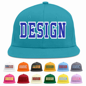 Custom Aqua Royal-White Flat Eaves Sport Baseball Cap Design for Men/Women/Youth