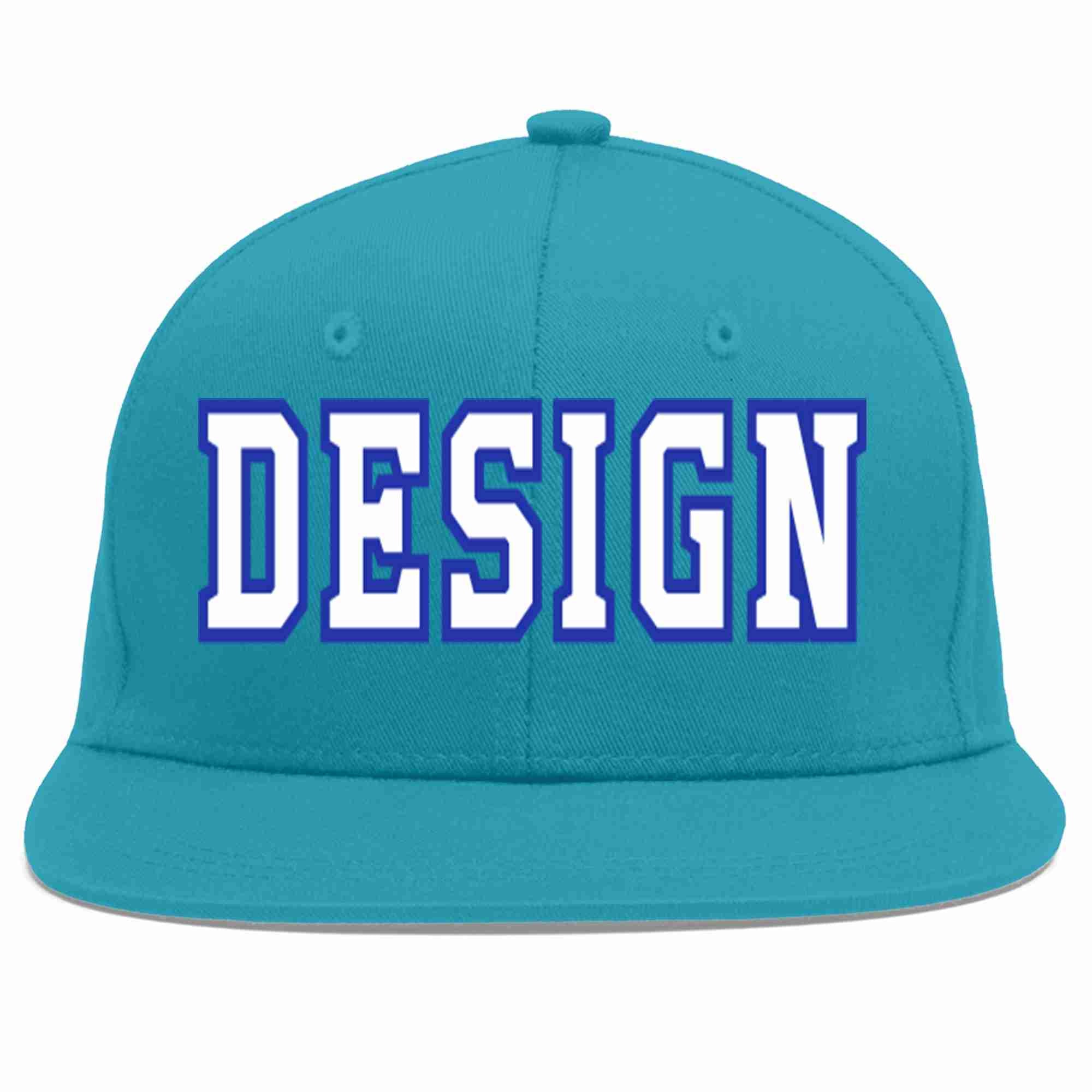 Custom Aqua White-Royal Flat Eaves Sport Baseball Cap Design for Men/Women/Youth