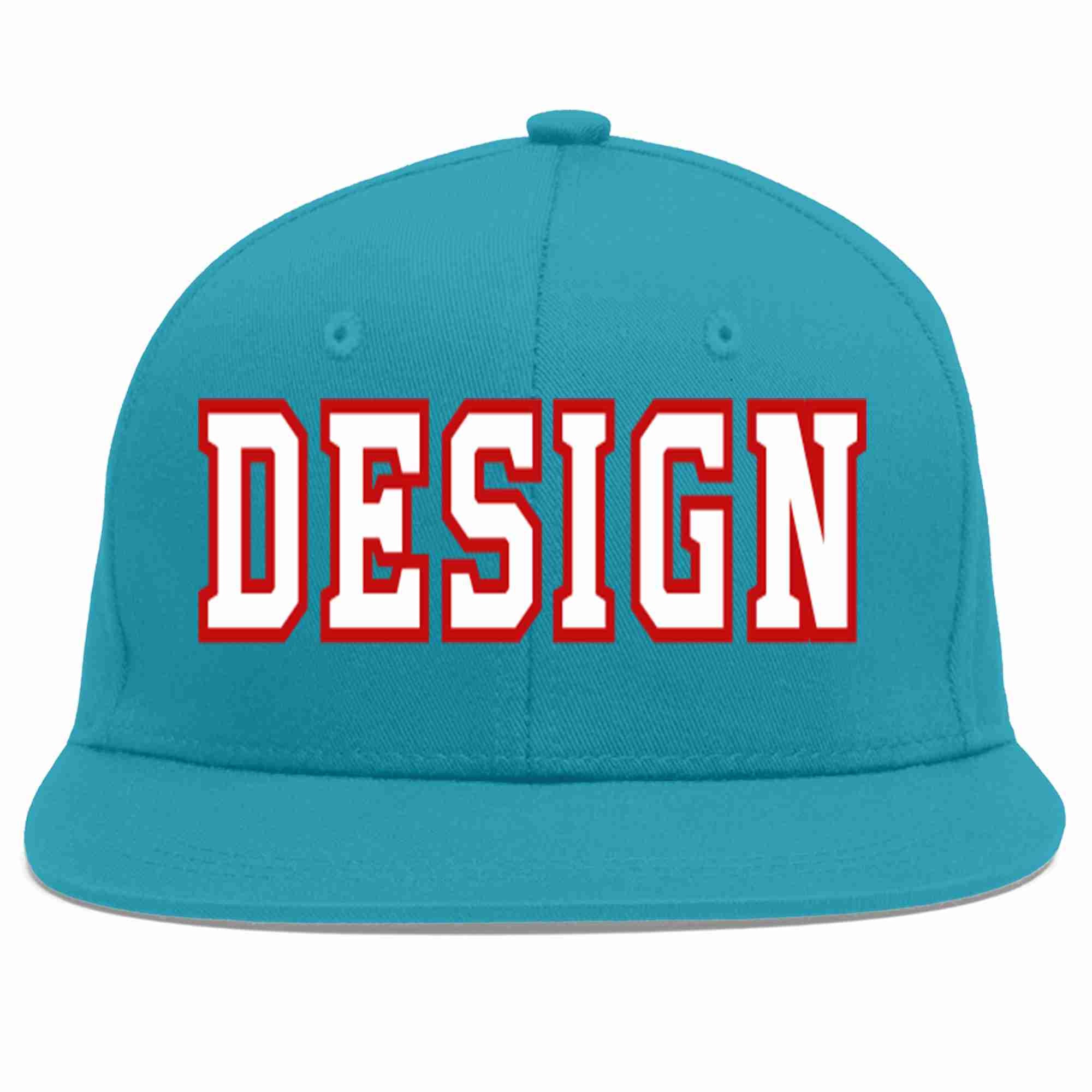 Custom Aqua White-Red Flat Eaves Sport Baseball Cap Design for Men/Women/Youth