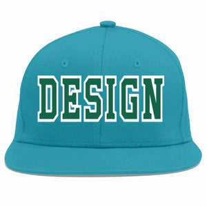 Custom Aqua Kelly Green-White Flat Eaves Sport Baseball Cap Design for Men/Women/Youth