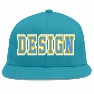 Custom Aqua Powder Blue-Gold Flat Eaves Sport Baseball Cap Design for Men/Women/Youth