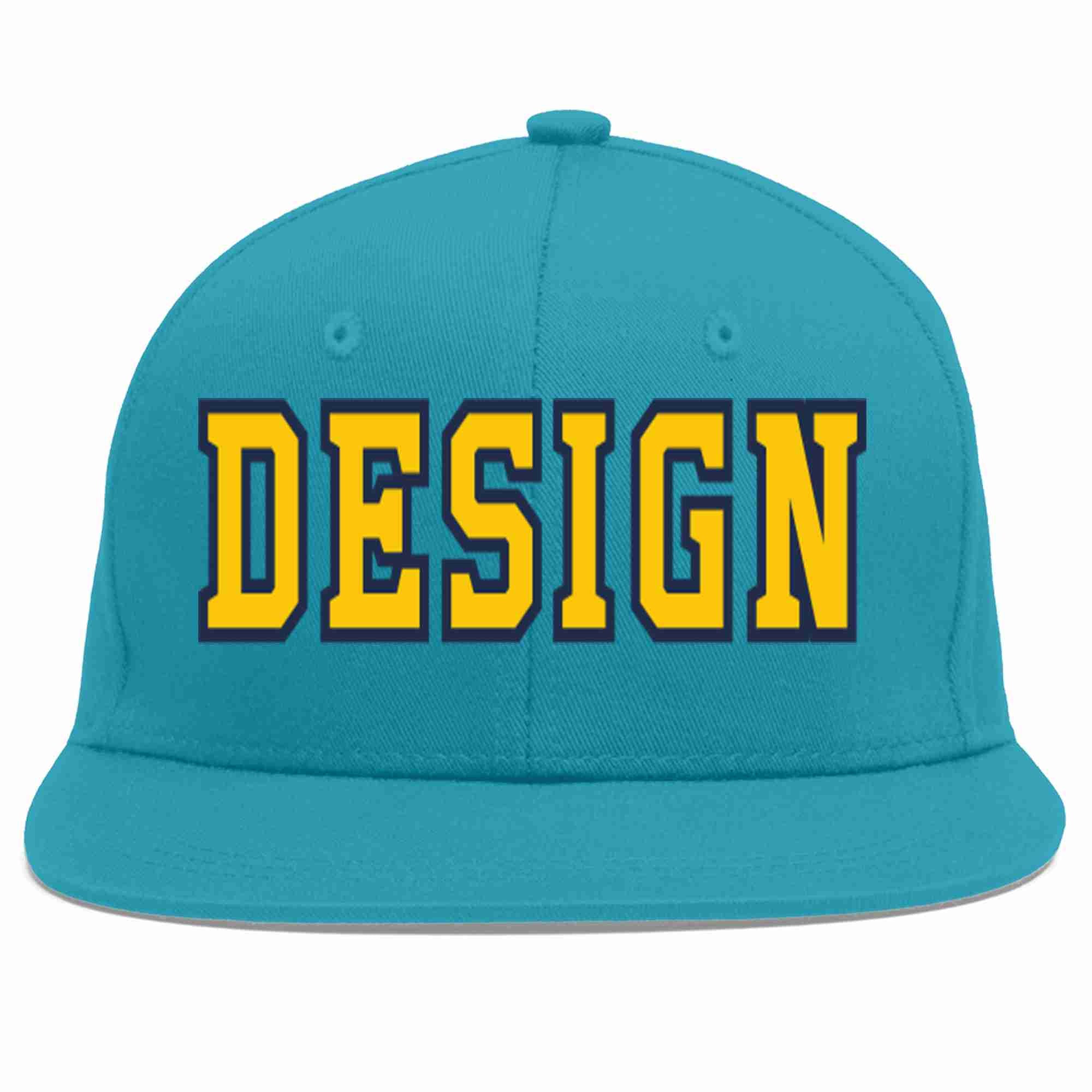 Custom Aqua Gold-Navy Flat Eaves Sport Baseball Cap Design for Men/Women/Youth