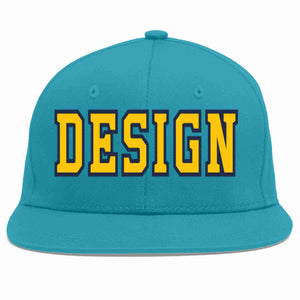 Custom Aqua Gold-Navy Flat Eaves Sport Baseball Cap Design for Men/Women/Youth