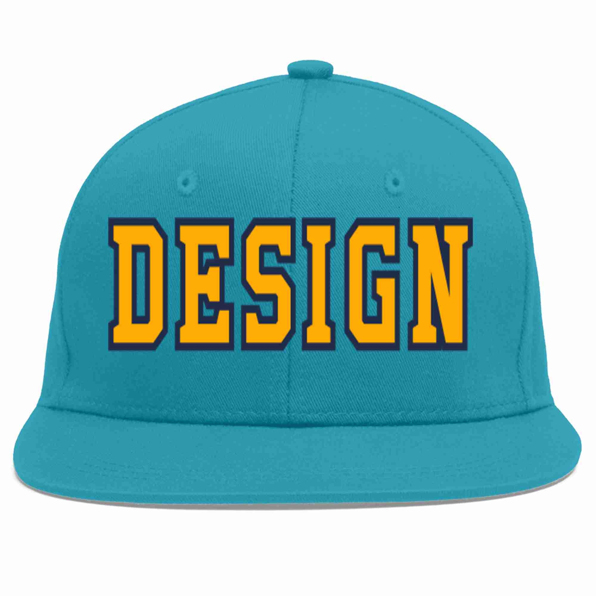 Custom Aqua Yellow-Navy Flat Eaves Sport Baseball Cap Design for Men/Women/Youth