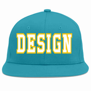 Custom Aqua White-Gold Flat Eaves Sport Baseball Cap Design for Men/Women/Youth