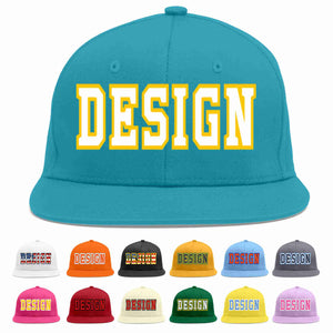 Custom Aqua White-Gold Flat Eaves Sport Baseball Cap Design for Men/Women/Youth