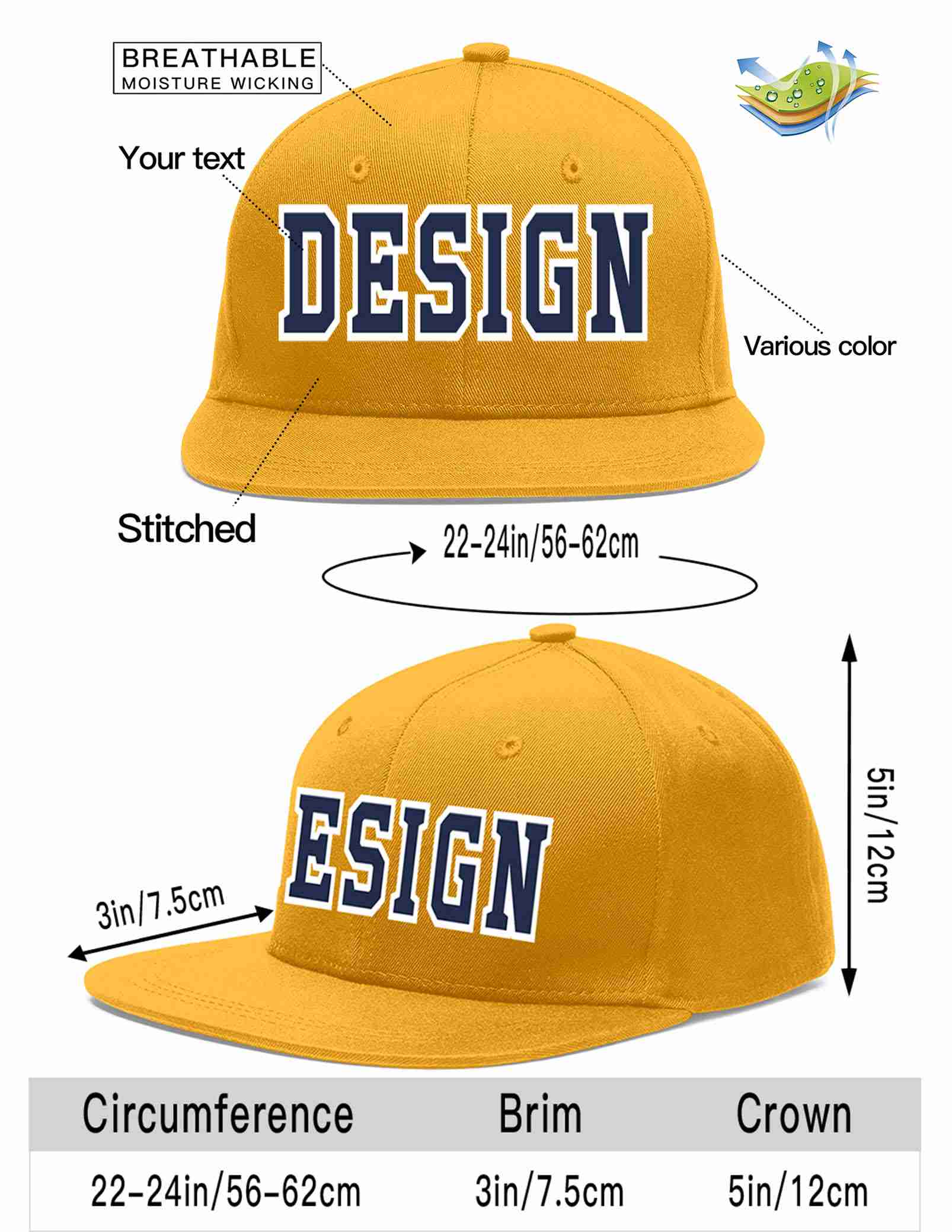 Custom Gold Navy-White Flat Eaves Sport Baseball Cap Design for Men/Women/Youth