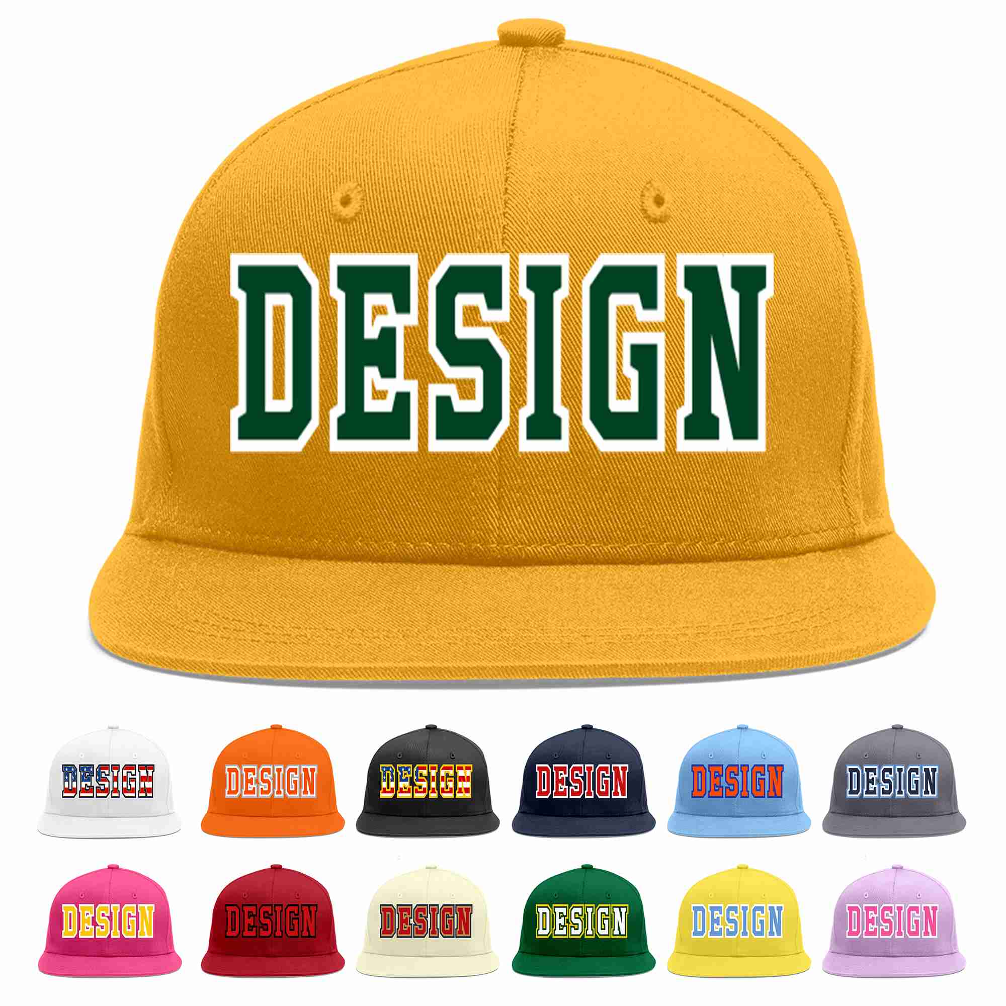 Custom Gold Green-White Flat Eaves Sport Baseball Cap Design for Men/Women/Youth