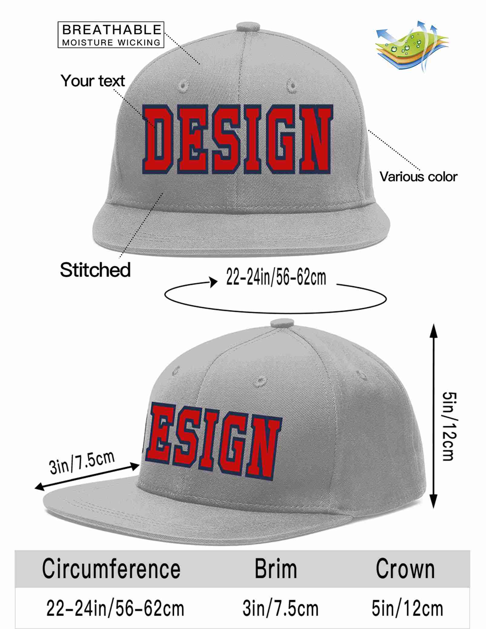 Custom Gray Red-Navy Flat Eaves Sport Baseball Cap Design for Men/Women/Youth