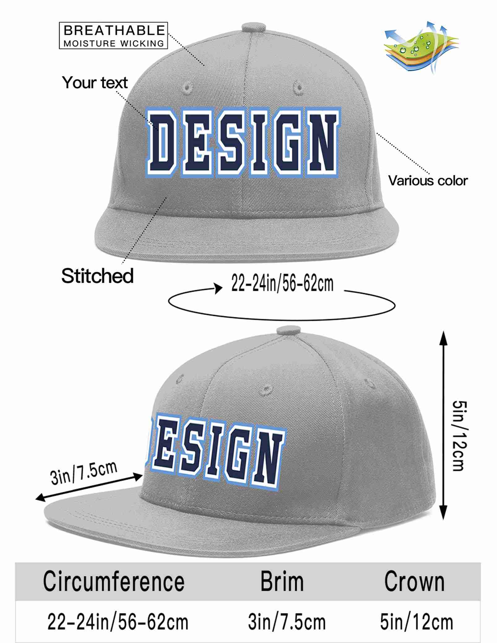 Custom Gray Navy-White Flat Eaves Sport Baseball Cap Design for Men/Women/Youth