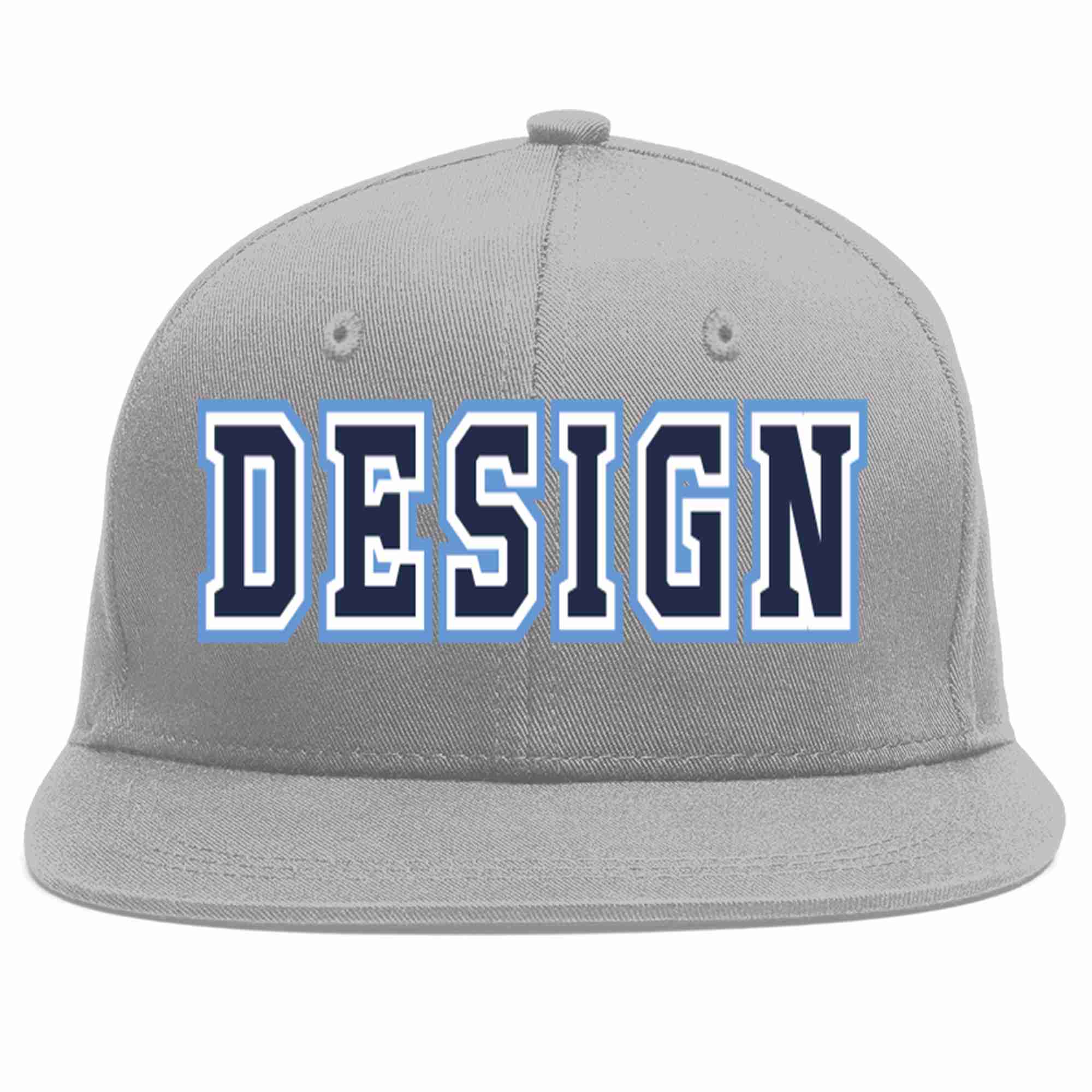 Custom Gray Navy-White Flat Eaves Sport Baseball Cap Design for Men/Women/Youth