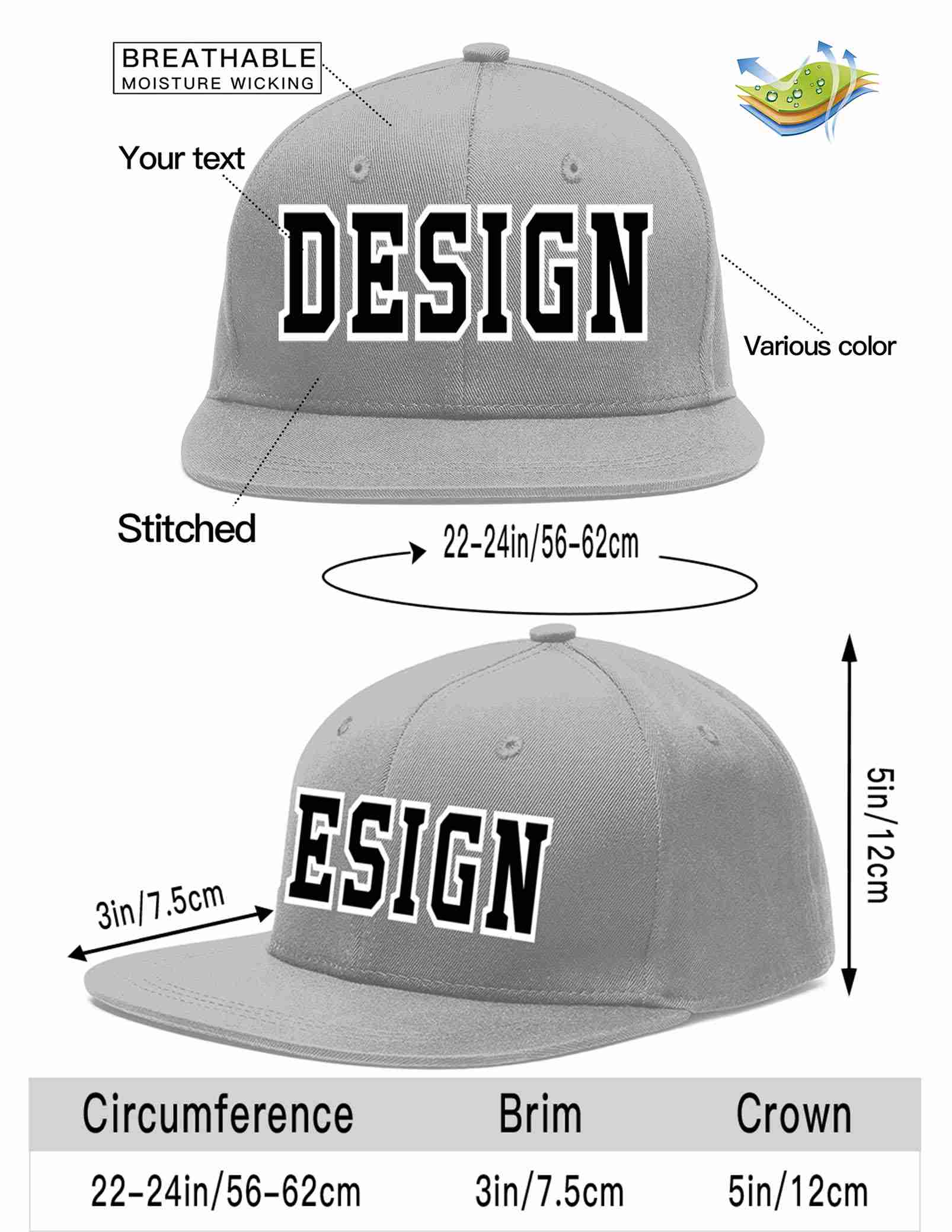 Custom Gray Black-White Flat Eaves Sport Baseball Cap Design for Men/Women/Youth