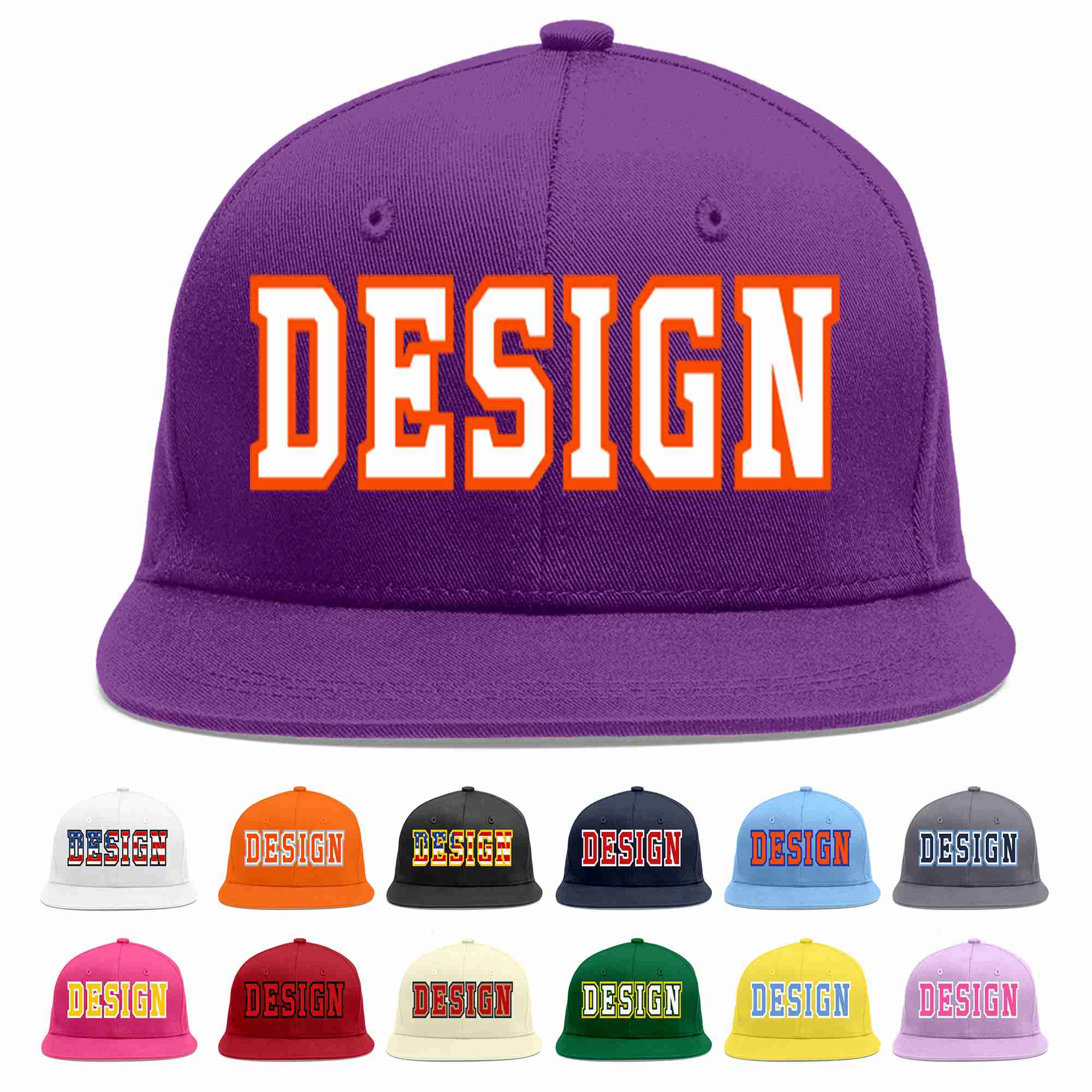 Conception personnalisée de casquette de baseball de sport à avant-toit plat violet blanc-orange pour hommes/femmes/jeunes