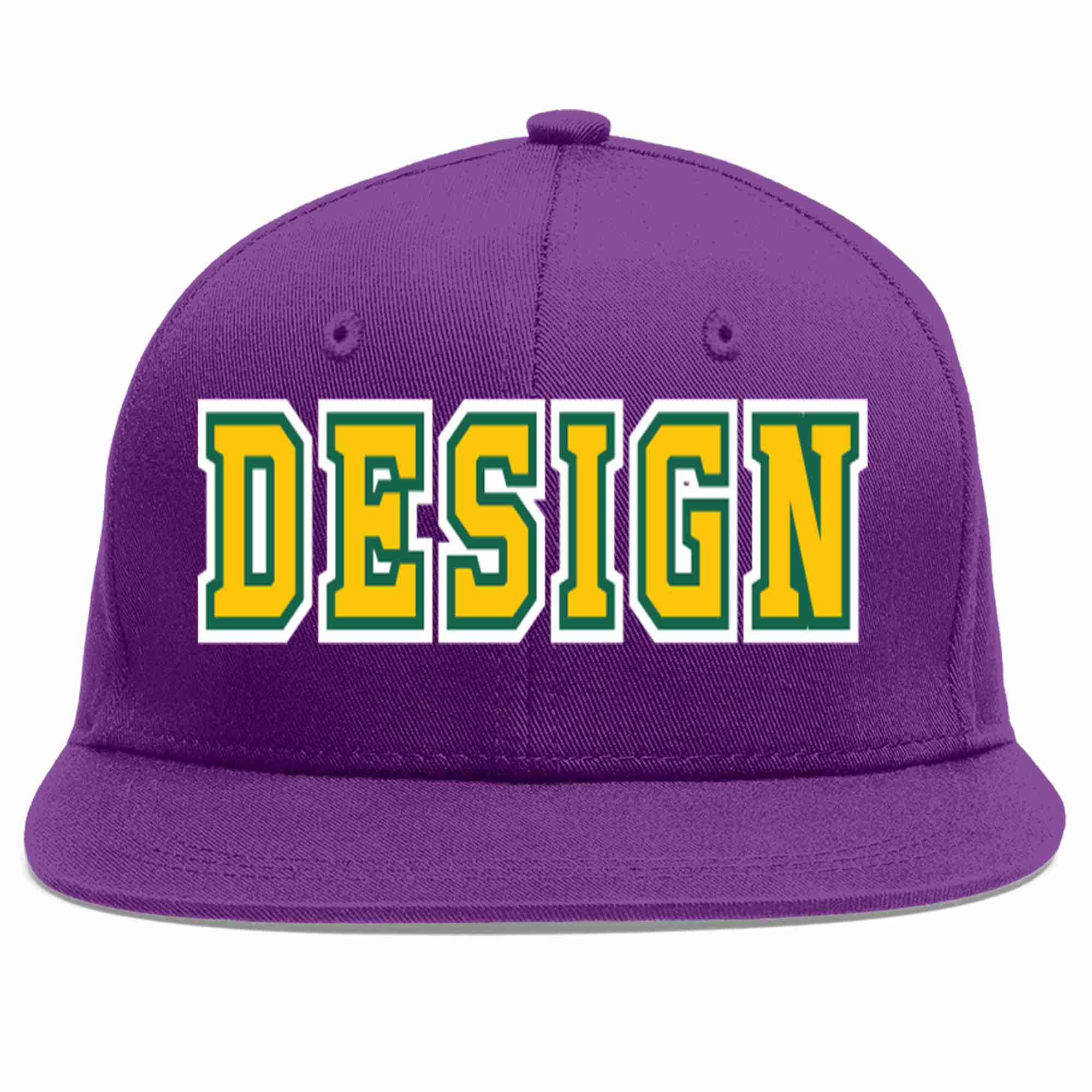 Custom Purple Gold-Kelly Green Flat Eaves Sport Baseball Cap Design for Men/Women/Youth