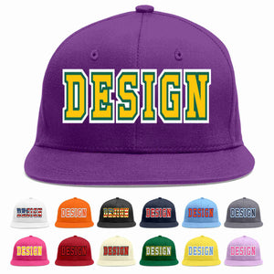 Conception personnalisée de casquette de baseball de sport à avant-toit plat violet or-kelly vert pour hommes/femmes/jeunes