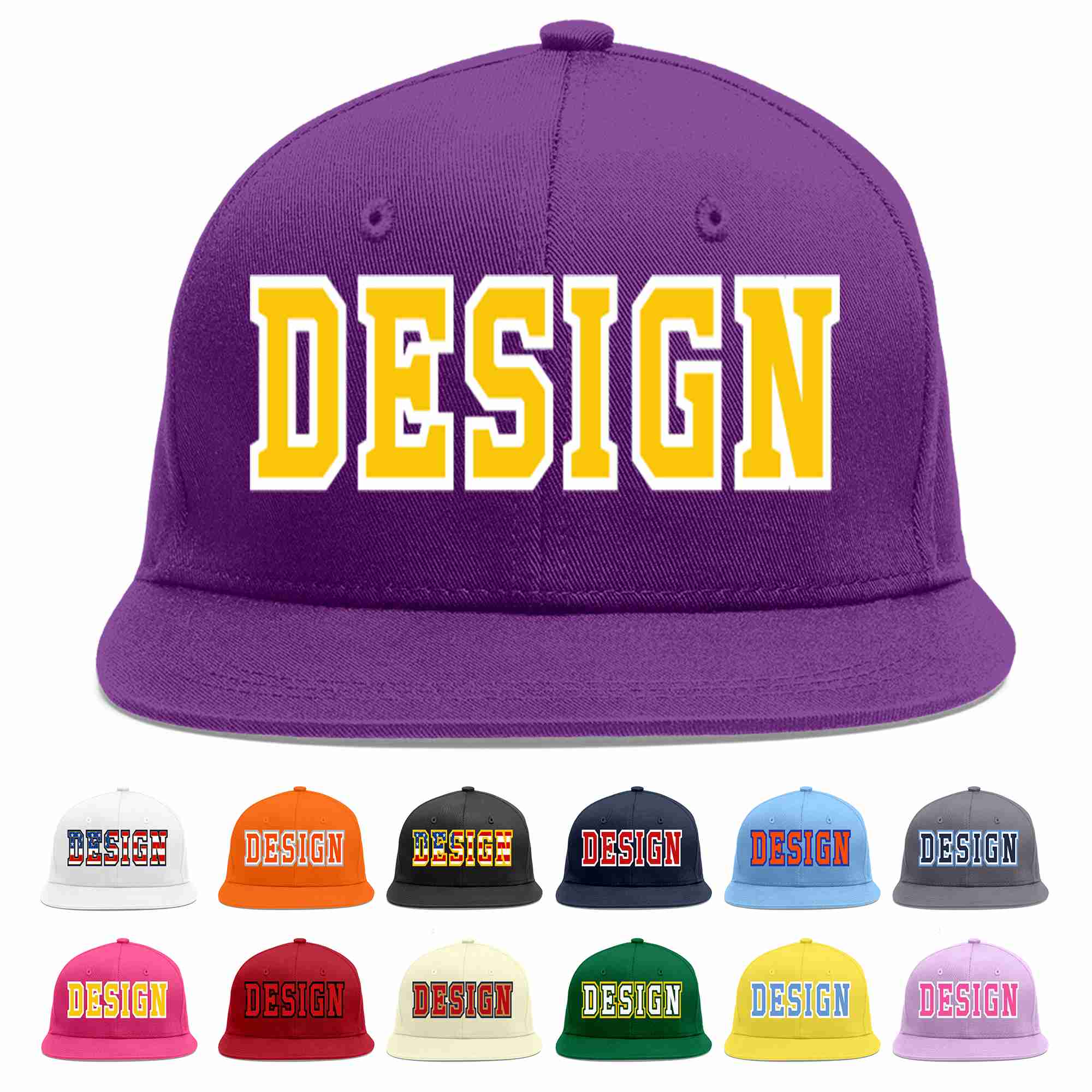 Conception personnalisée de casquette de baseball de sport à avant-toit plat violet or-blanc pour hommes/femmes/jeunes