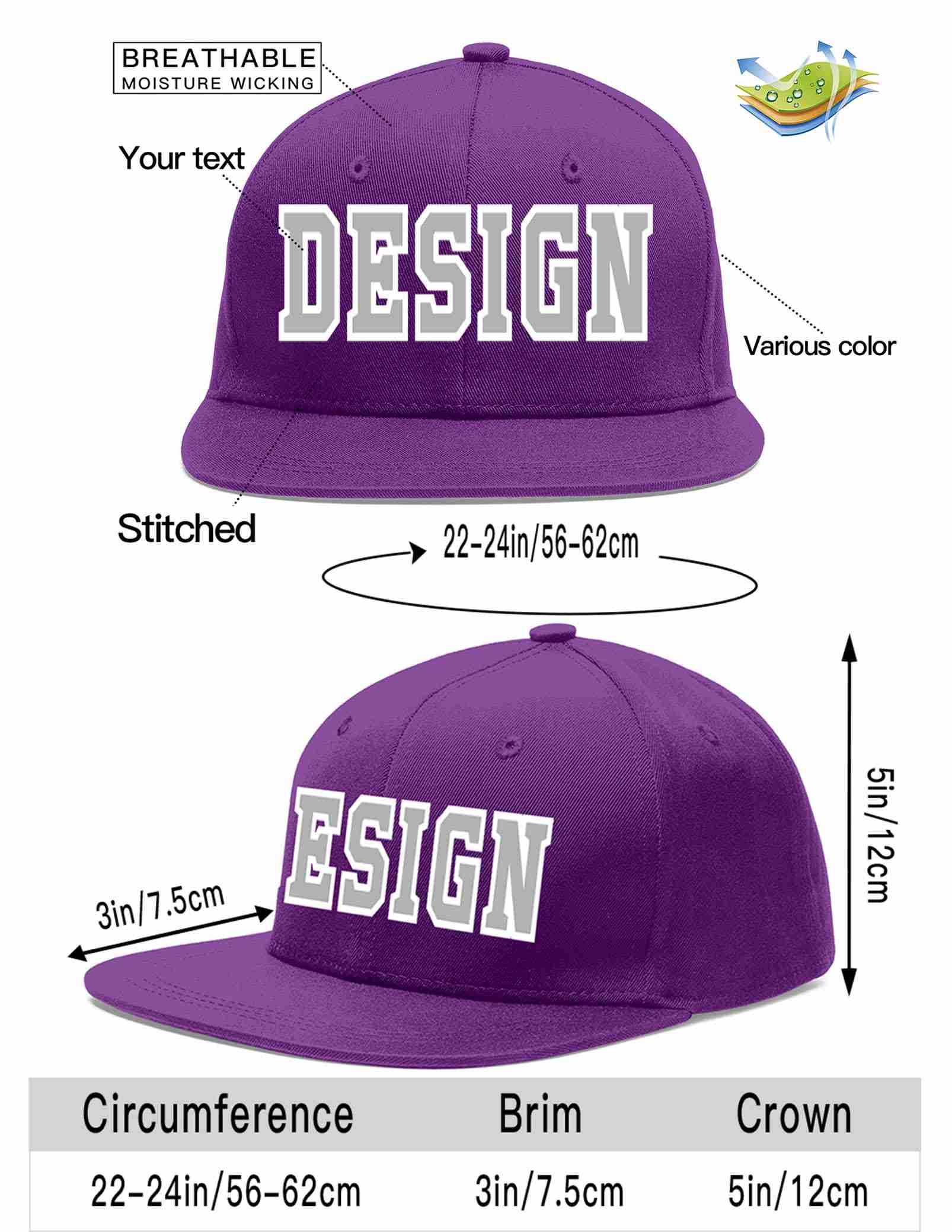 Custom Purple Gray-White Flat Eaves Sport Baseball Cap Design for Men/Women/Youth