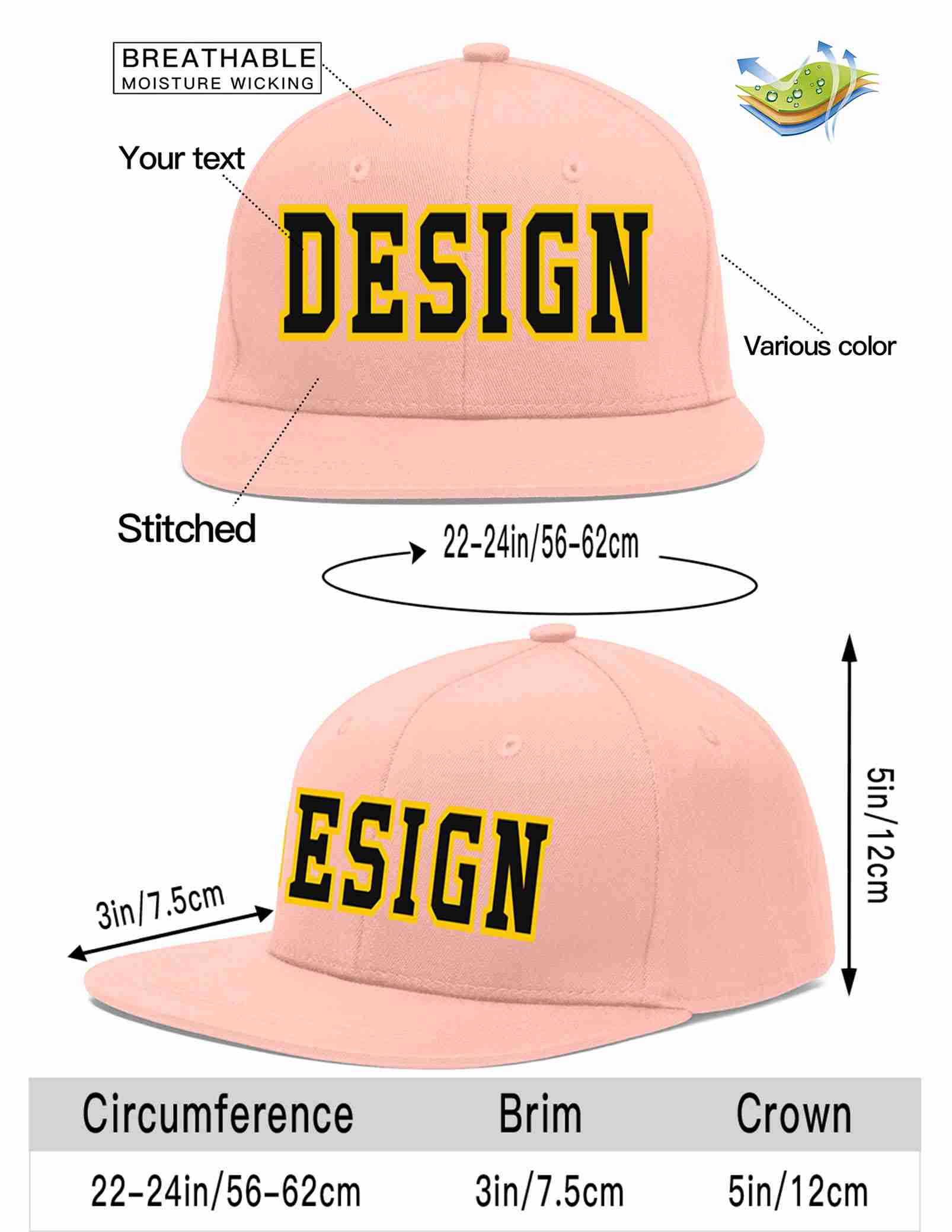 Custom Pink Black-Gold Flat Eaves Sport Baseball Cap Design for Men/Women/Youth