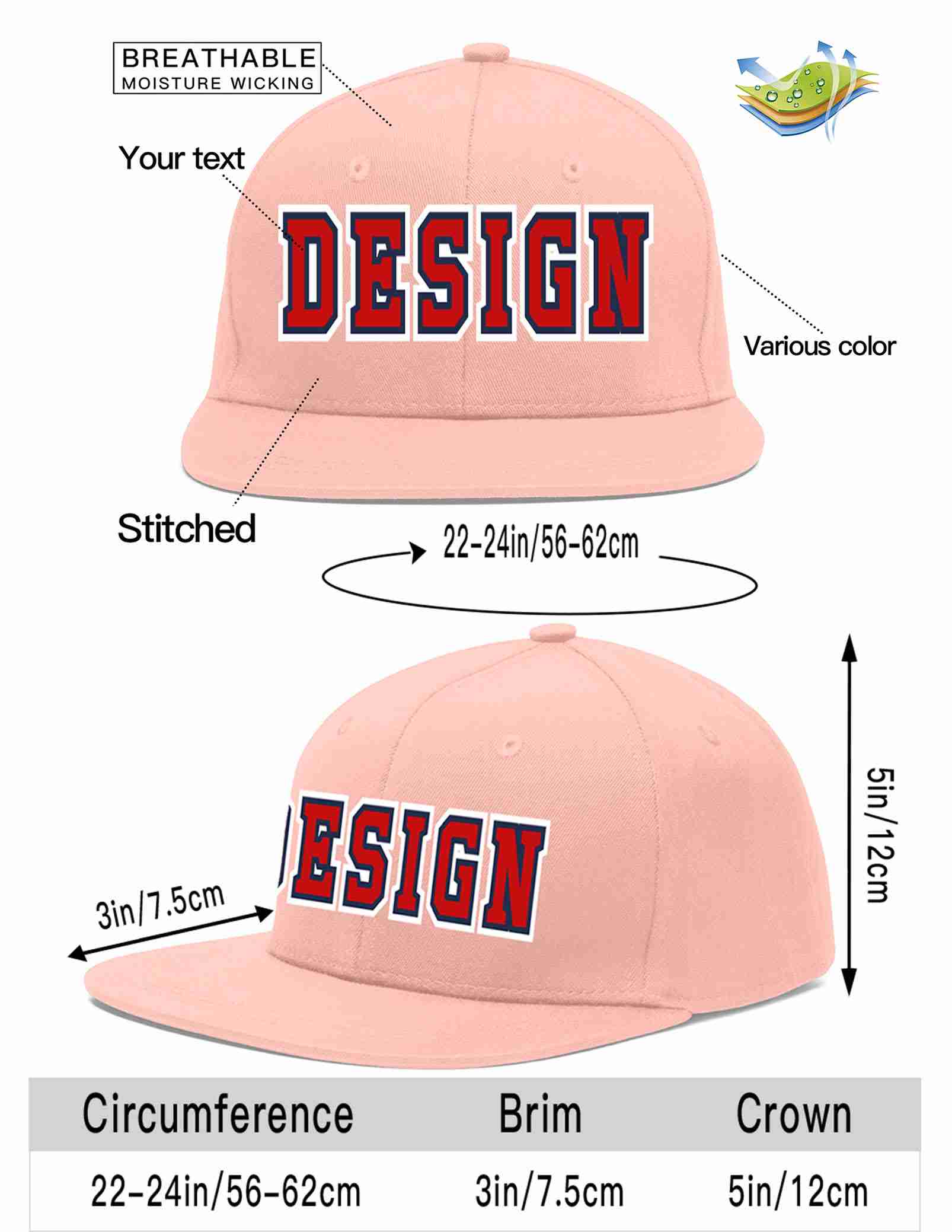 Custom Pink Red-Navy Flat Eaves Sport Baseball Cap Design for Men/Women/Youth