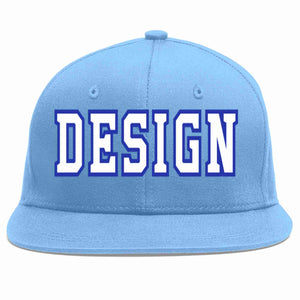 Custom Light Blue White-Royal Flat Eaves Sport Baseball Cap Design for Men/Women/Youth