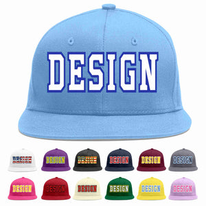 Custom Light Blue White-Royal Flat Eaves Sport Baseball Cap Design for Men/Women/Youth