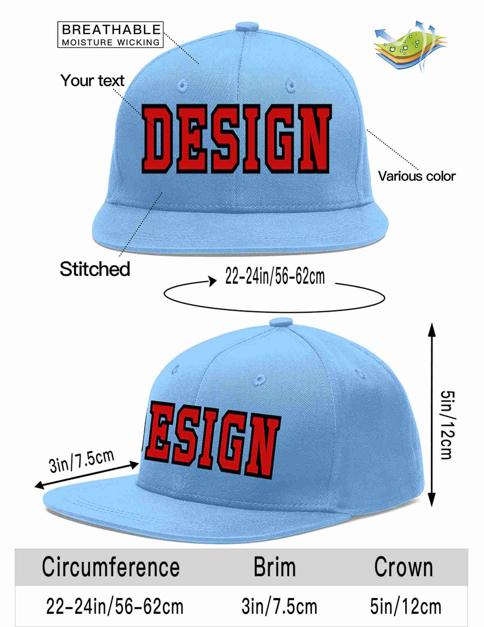 Custom Light Blue Red-Black Flat Eaves Sport Baseball Cap Design for Men/Women/Youth