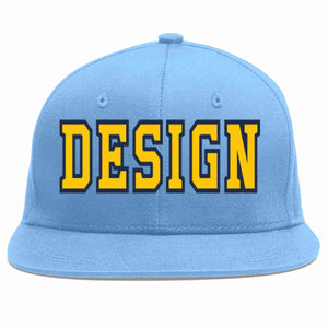 Custom Light Blue Gold-Navy Flat Eaves Sport Baseball Cap Design for Men/Women/Youth