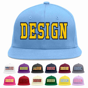 Custom Light Blue Gold-Navy Flat Eaves Sport Baseball Cap Design for Men/Women/Youth