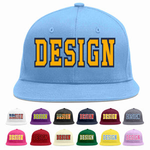 Custom Light Blue Yellow-Navy Flat Eaves Sport Baseball Cap Design for Men/Women/Youth