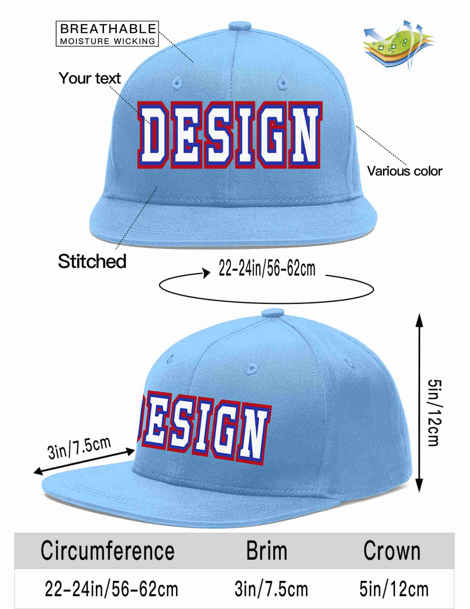 Custom Light Blue White-Royal Flat Eaves Sport Baseball Cap Design for Men/Women/Youth